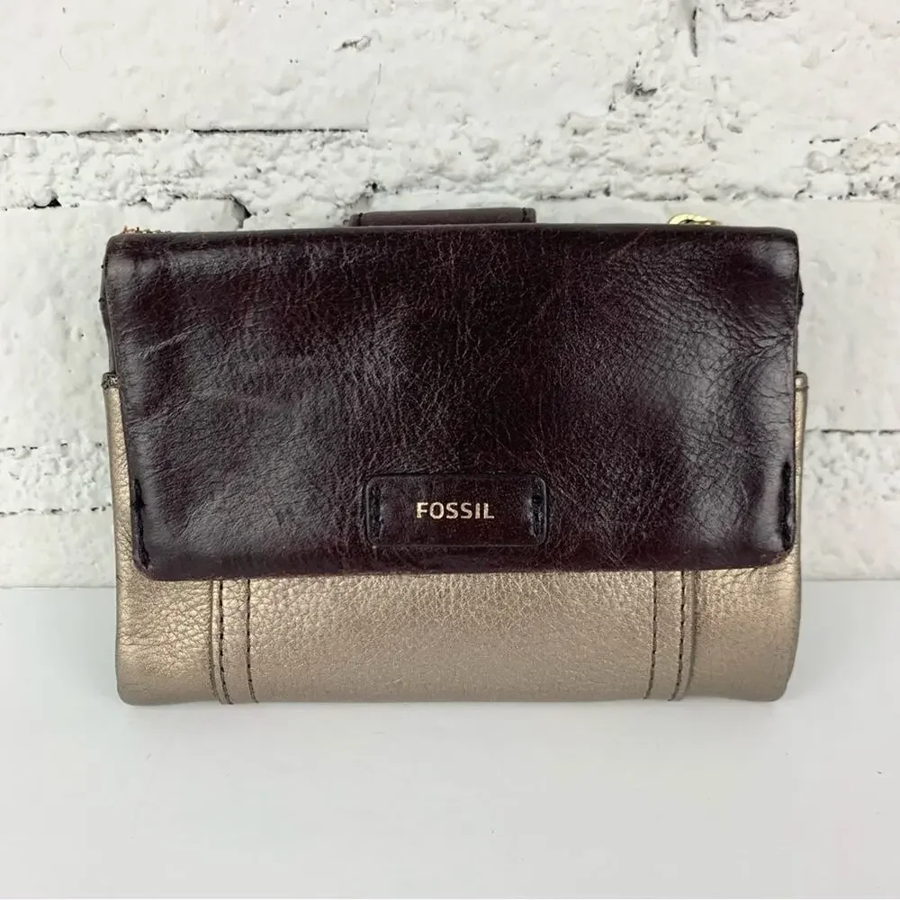 Fossil Leather Small Wallet Metallic Gold Brown